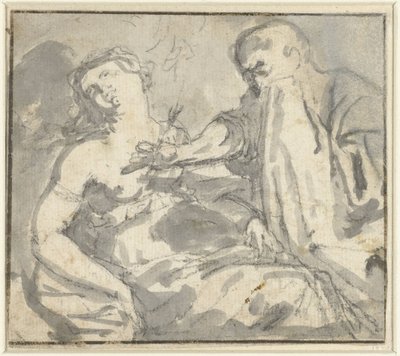 Un uomo rimuove una freccia dal petto di una donna (Cephalus e Procris?) da Anonymous