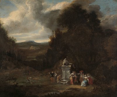 Compagnia elegante presso una fontana antica in una radura da Anonymous