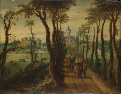 Compagnia elegante su una strada rialzata che conduce verso una casa di campagna da Anonymous