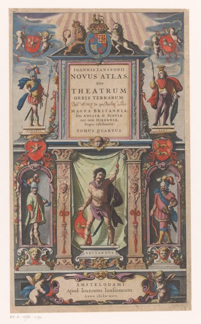 Facciata con personificazioni di cinque gruppi etnici Frontespizio per: Johannes Janssonius, Novus atlas, Sive theatrum (...) Tomus quartus, 1646 da Anonymous