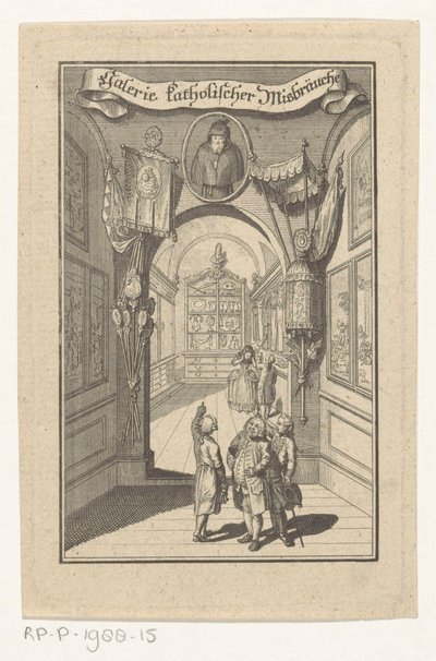 Figure in galleria con ritratto e oggetti liturgici da Anonymous