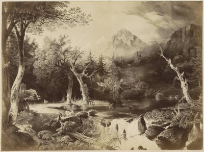 Fotoreproduzione di (presumibilmente) una stampa di un paesaggio con montagne, alberi e una donna vicino a un