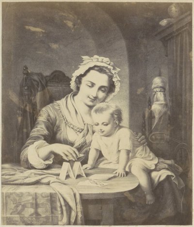 Fotoreproduzione di (probabilmente) una stampa di una madre che costruisce un castello di carte con il suo bambino da Anonymous