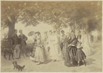 Fotoreproduzione di un dipinto di donne e uomini che passeggiano in un parco da Anonymous