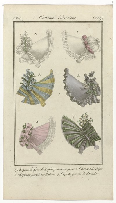 Journal des Dames et des Modes, Costumes Parisiens, 15 aprile 1819, (1809): 1, Chapeau de Gros de Naples da Anonymous