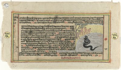 Krishna combatte il serpente Kalya mentre quattro pastorelli osservano da Anonymous