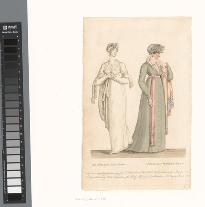 La Belle Assemblée, 1 marzo 1807, n. 14: Un abito da ballo serale / Un abito invernale parigino da Anonymous