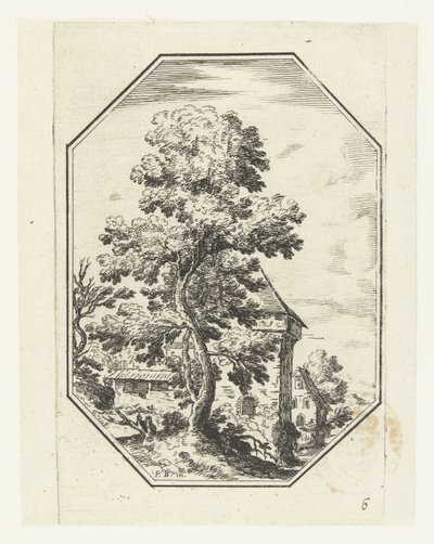 Paesaggio con grande albero in cornice ottagonale (Paesaggi ottagonali) da Anonymous