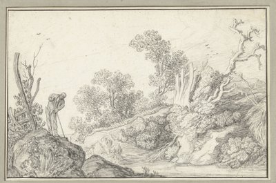 Paesaggio con albero spoglio e uomo con bastone da Anonymous