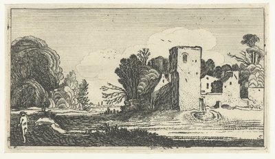 Paesaggio con torre quadrata vicino a case da Anonymous