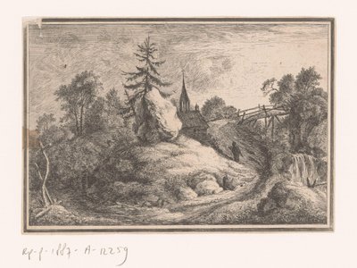 Paesaggio con cascata e una chiesa da Anonymous