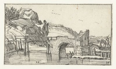 Uomo che guida un asino verso un ponte (Landschappen naar Esaias van de Velde) da Anonymous