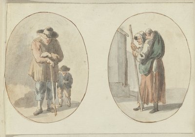 Uomo con bambino e donna con bambino sulla schiena da Anonymous