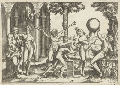 Uomo con due trombe e uomo con pietra sulla schiena affiancati da uomo e donna con globo e uomo vecchio e giovane da Anonymous