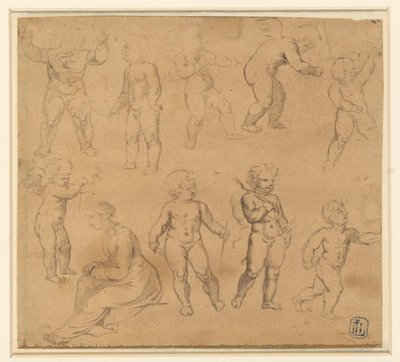 Nove studi di putti e una donna seduta a sinistra da Anonymous