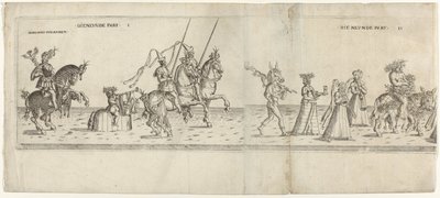 Parata con personaggi in costume, tra cui il cavaliere Bernhart von Ahren, un asino con uno spiedo, Giano, Bacco su un asino e due musicisti da Anonymous