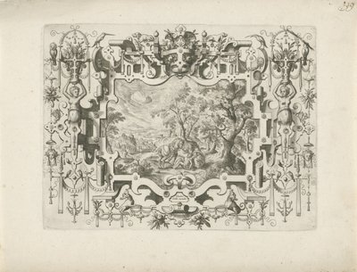 Cornice ornamentale con figure e paesaggio con il Buon Samaritano da Anonymous