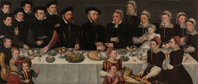 Pierre de Moucheron (1508-67), sua moglie Isabeau de Gerbier, i loro diciotto figli, il loro genero Allard de la Dale e il loro primo nipote da Anonymous