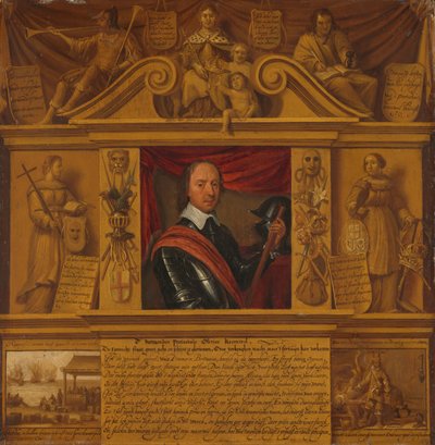 Ritratto di Oliver Cromwell, in una cornice con figure allegoriche e rappresentazioni storiche da Anonymous