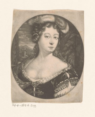 Ritratto di una donna sconosciuta con piume e perle nei capelli e abito con gemme da Anonymous