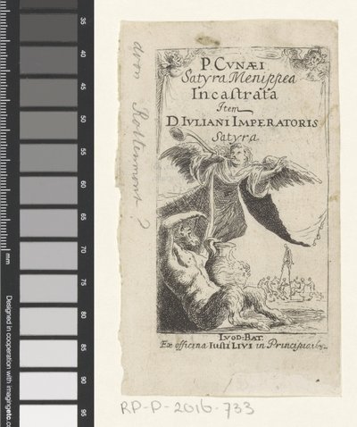 Satiro e angelo che soffiano sulla tromba (Pagina del titolo per: Petrus Cunaeus, Satyra Menippea Incastrata, 1632) da Anonymous