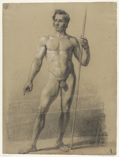 Nudo Maschile in Piedi con Bastone, di Fronte da Anonymous