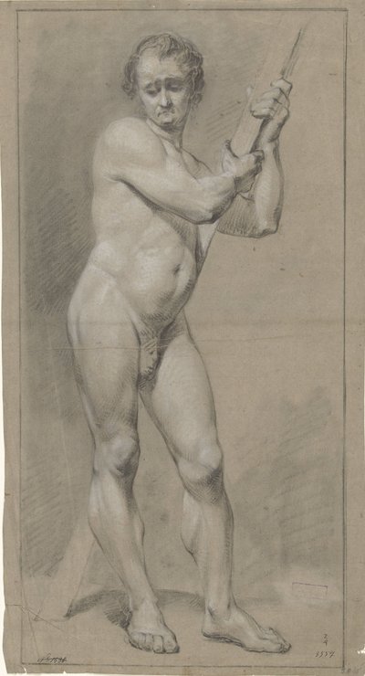 Nudo maschile in piedi, guardando in basso, le mani su una trave di legno da Anonymous