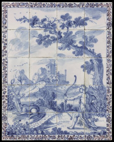 Pannello di piastrelle con un paesaggio blu e una scena mitologica: Ciparisso si trasforma in un cipresso da Anonymous