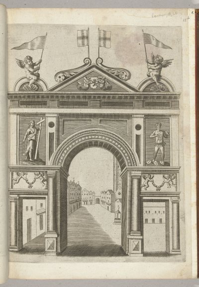 Arco di trionfo con figure allegoriche e putti con la catena dell
