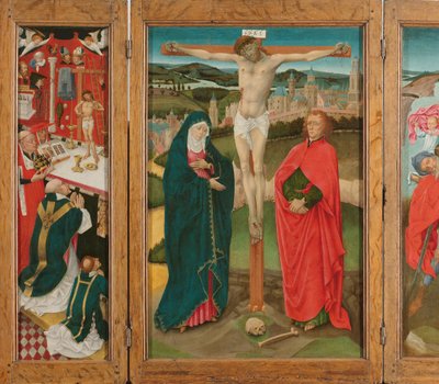 Trittico con la crocifissione (pannello centrale), la messa di San Gregorio (interno del pannello sinistro), San Cristoforo (interno del pannello destro) e l