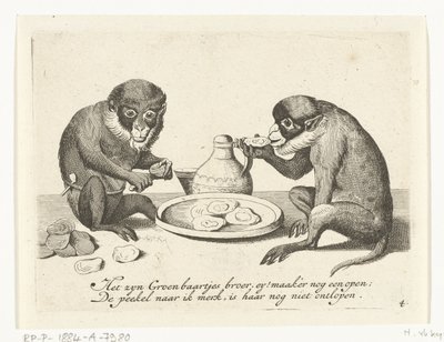 Due scimmie mangiano ostriche (Vita umana rappresentata da scimmie, serie) da Anonymous