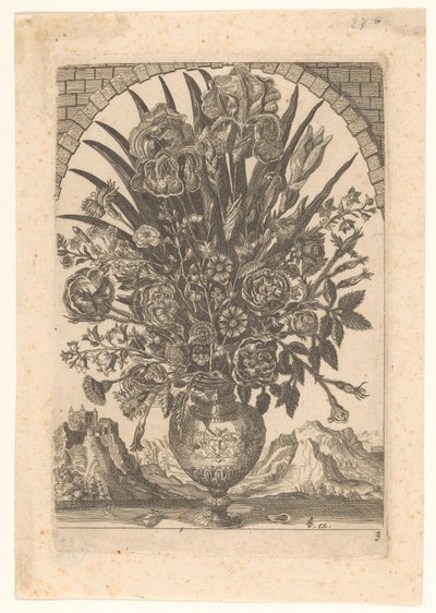 Vaso con fiori e paesaggio montano da Anonymous