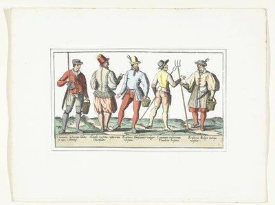 Quattro contadini vestiti secondo la moda attuale e uno secondo la vecchia moda, ca. 1580 da Anonymous