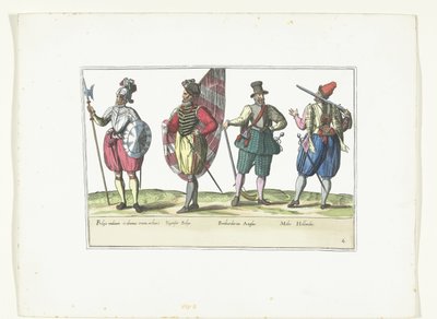 Quattro militari in uniformi secondo la moda nei Paesi Bassi e in Inghilterra, ca. 1580 (serie Costumi militari dei Paesi Bassi) da Anonymous