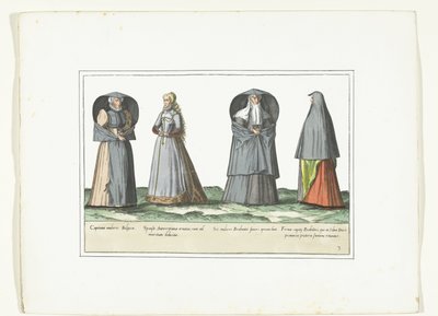 Quattro donne vestite secondo la moda di Anversa, Brabante e 