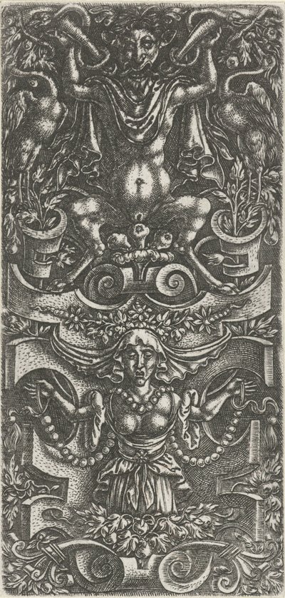 Donna con un fazzoletto e una ghirlanda di perle davanti a una costruzione di rolwerk (serie: Decorazioni piatte con grottesche in rolwerk) da Anonymous
