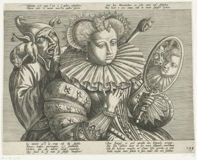 Donna con specchio e giullare: caricatura sul costoso colletto rigido, ca. 1600 da Anonymous