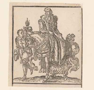Donna a cavallo con servo al suo fianco (Kopieën naar ruiters van Jost Amman) da Anonymous