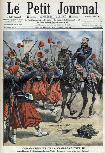 50º anniversario della campagna italiana: i soldati del 3º Reggimento di Zuavi acclamano il re Vittorio Emanuele III nominato caporale del loro reggimento dopo la battaglia di Palestro - "The Petity Journal" del 1 da Anonymous Anonymous