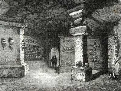 Una galleria delle catacombe a Parigi nel XIX secolo. Incisione. Collezione privata da Anonymous Anonymous