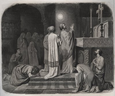 Un globo di fuoco appare sopra San Martino, vescovo di Tours (316-397), mentre lavora. Incisione del 1846 in 