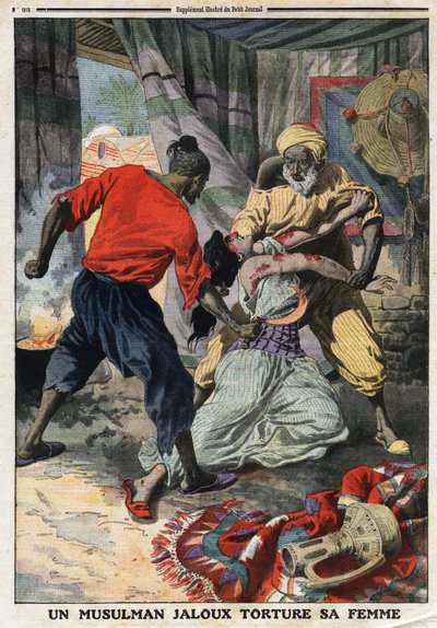 Un musulmano geloso tortura sua moglie: una donna picchiata nel dipartimento di Costantina in Algeria. Incisione in "Le Petite Journal", 28/01/1912. Collezione privata da Anonymous Anonymous