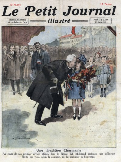Una bambina offre un bouquet tricolore al Presidente della Repubblica Alexandre Millerand durante uno dei suoi spostamenti nel Rodano. Illustrazione tratta da “Le petit journal” del 27/03/1921. Collezione privata da Anonymous Anonymous