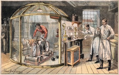 Un uomo in una campana: esperimento sul consumo di energia umana condotto da scienziati inglesi. Incisione dal giornale "Le Petit Parisien", del 24/05/1908. Collezione privata da Anonymous Anonymous