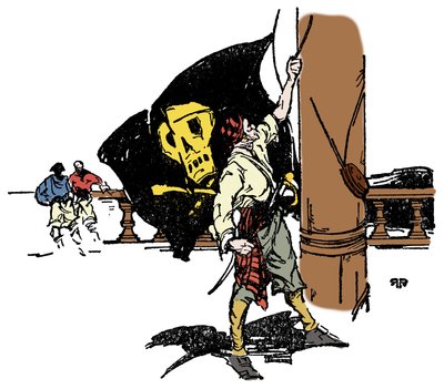 Un pirata issa la bandiera nera della morte Illustrazione da 
