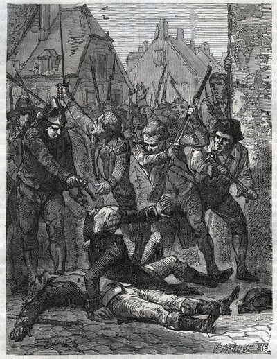 Una scena durante il periodo della Rivoluzione francese: Théobald de Dillon (1745-1792) e un ufficiale genio di nome Berthois, massacrati dai soldati e dal popolo di Lille, che li accusavano di tradimento. Incisione del 1866 in 
