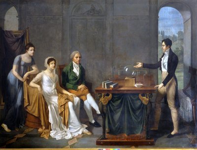 Uno scienziato (probabilmente Alessandro (Alexandre) Volta) che fa un esperimento scientifico davanti alla famiglia Melzi Deril. Dipinto anonimo. da Anonymous Anonymous