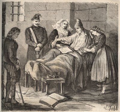 Un matrimonio al bagne di Rochefort nel XIX secolo. Incisione in "Histoire des bagnes depuis leur création à nos jours" (1877) di Pierre Zaccone (1817-1895) (Colonia Penale). Collezione privata da Anonymous Anonymous