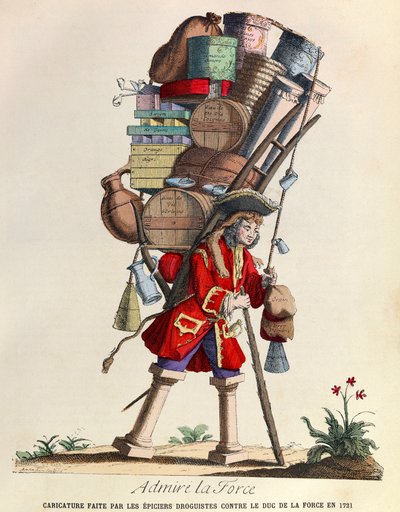 Ammirare La Forza Caricatura fatta dai farmacisti di Parigi contro il Duca di La Force nel 1721 (regno di Re Luigi XV) - collezione privata da Anonymous Anonymous