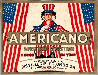 Pubblicità per il drink italiano Americano, con personificazione allegorica dell